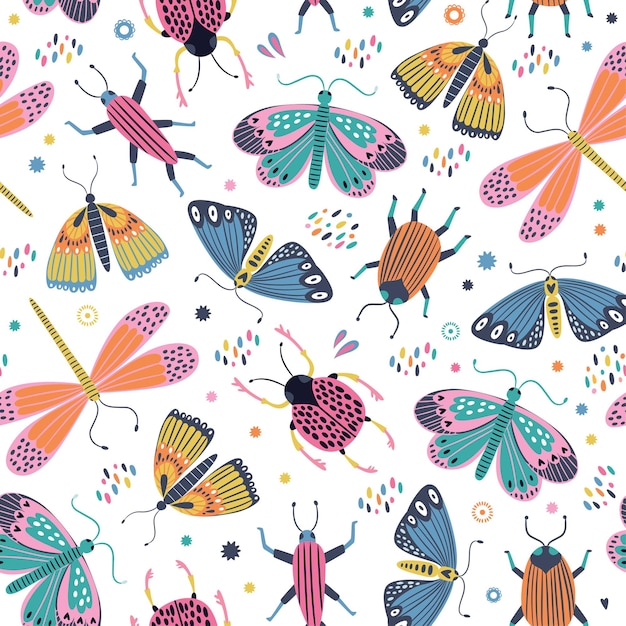 Seamless butterflies and insects pattern in Scandinavian style.