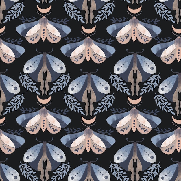 Vector seamless butterfly moth moon crescent pattern print for wrapping and textile