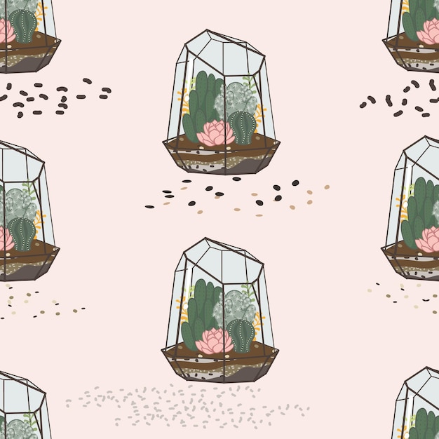 Seamless cactus terrarium pattern. Vector illustration designed in simple style.