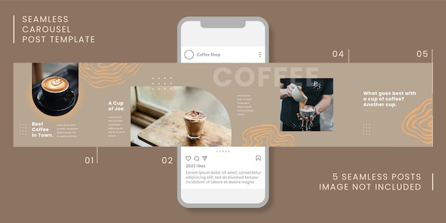 Seamless carousel post template with coffee theme for social media.