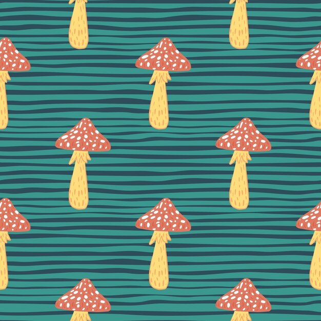 Seamless cartoon forest pattern with red and orange colored mushroom. Blue striped background.