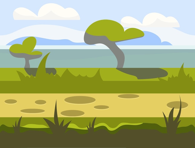 Seamless cartoon nature landscape, unending background with soil, trees, mountains and cloudy sky layers vector illustration