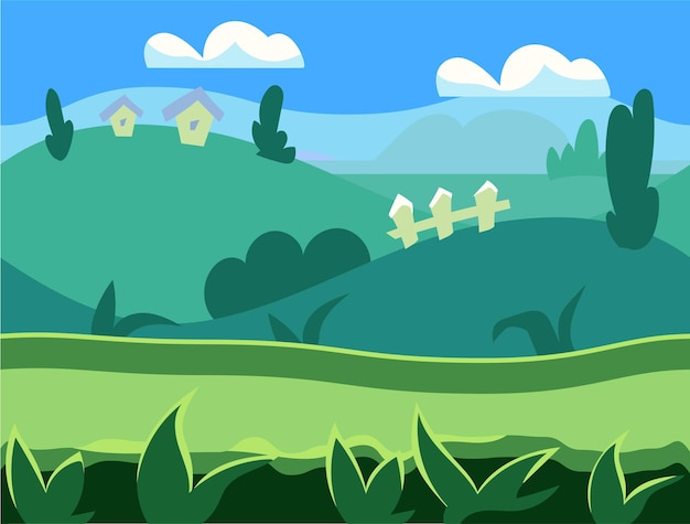 Seamless cartoon nature landscape, unending background with soil, trees, mountains and cloudy sky layers vector illustration