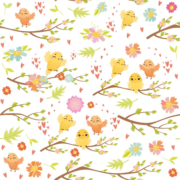 seamless cartoon pattern with birds on branches spring pattern