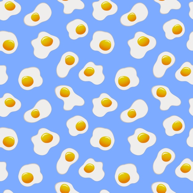 Seamless cartoon pattern with fried eggs in top view on blue background