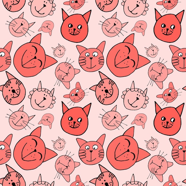 Seamless cat faces pattern in living coral colors