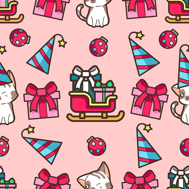 Seamless cat and sleigh in Christmas party pattern