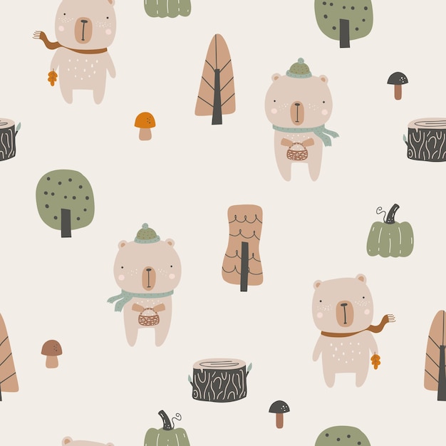 Seamless childish pattern with bear pumpkin and mushrooms Creative childish urban texture for fabric wrapping textile wallpaper clothing Vector illustration