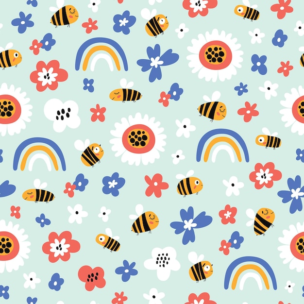 seamless childish pattern with bee and rainbows in cartoon style perfect for wallpaper fabric