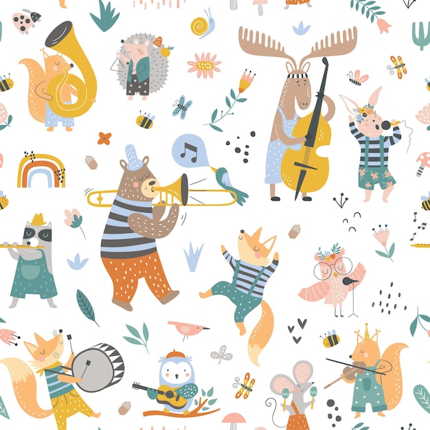 Seamless childish pattern with cartoon fox bear raccoon deer bunny squirrel mouse