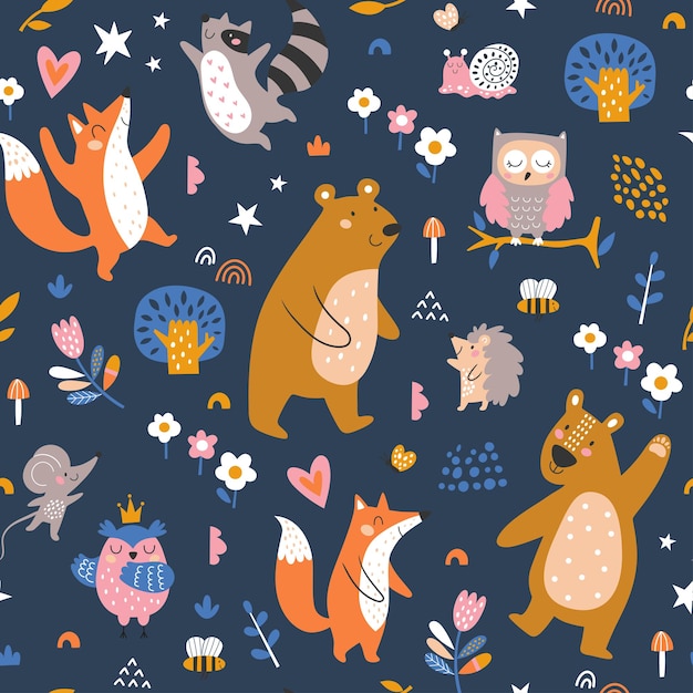 Seamless childish pattern with cartoon fox bear racoon owl bunny mouse and forest elements