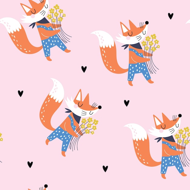 Seamless childish pattern with cartoon fox with flowers Creative kids texture for fabric wrapping