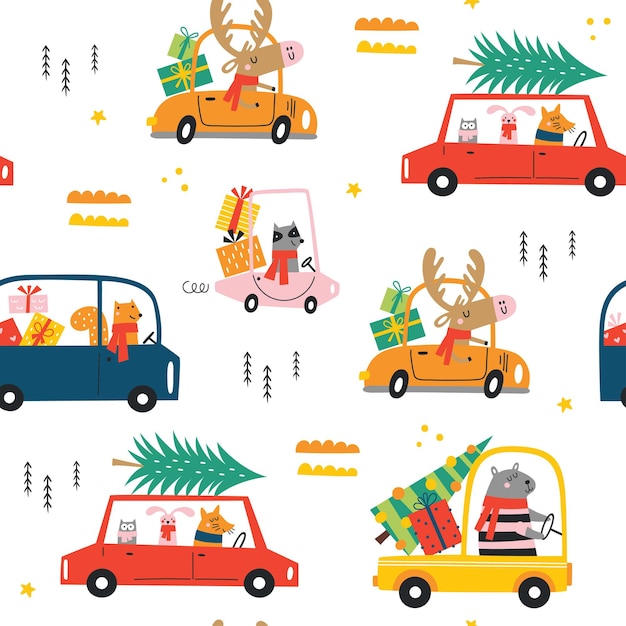 Seamless childish pattern with cartoon funny Christmas animals with scarfs and gifts in cars