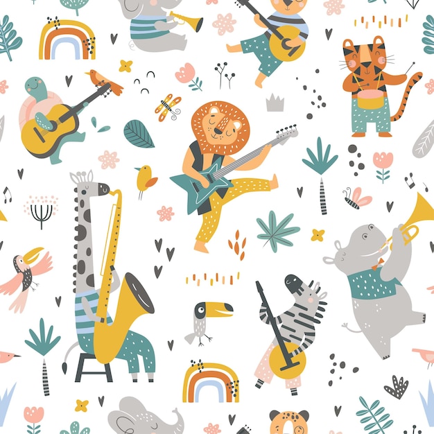 Seamless childish pattern with cartoon jungle animals playing on different instruments