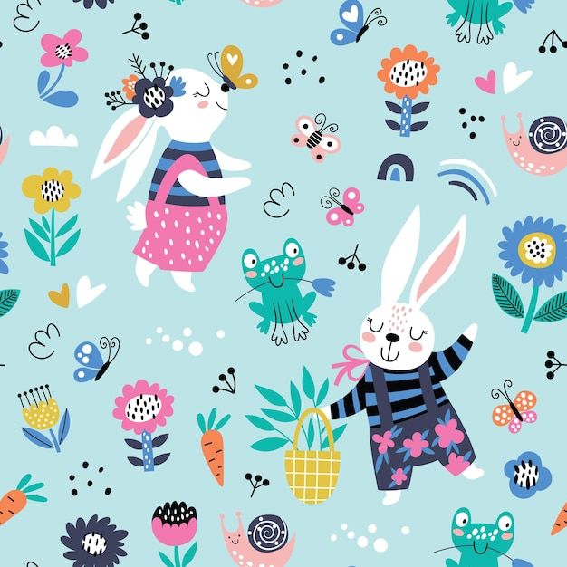 Seamless childish pattern with cartoon rabbit with flowers Creative kids texture for fabric