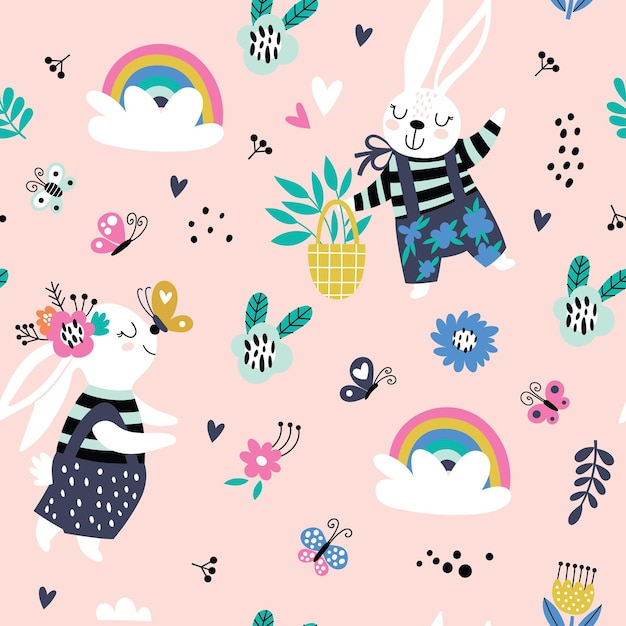 Seamless childish pattern with cartoon rabbit with flowers Creative kids texture for fabric