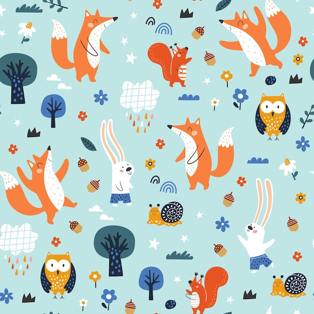 Seamless childish pattern with cartoon woodland animals and forest elements