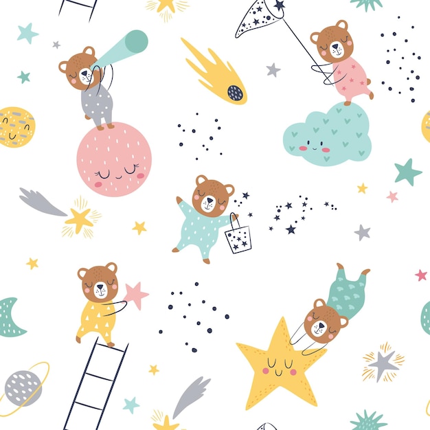 Seamless childish pattern with catching stars cute bears planets cloud moon and stars