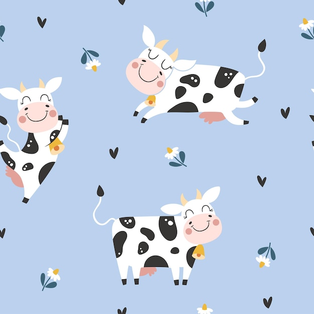 Seamless childish pattern with cute cow Creative kids texture for fabric wrapping textile