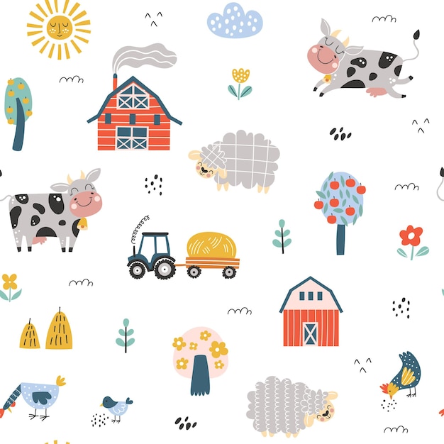 Seamless childish pattern with cute cow sheep farm house Creative kids texture for fabric