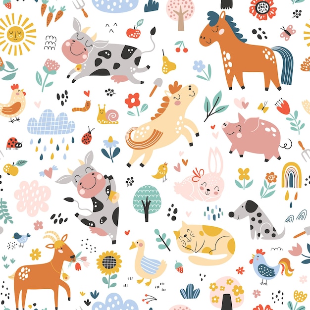 Seamless childish pattern with cute farm animals Creative kids texture for fabric wrapping