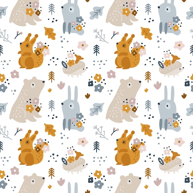 seamless childish pattern with cute forest animals for newborn boy or girl