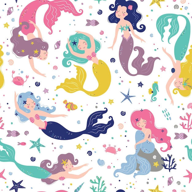 Seamless childish pattern with cute mermaids Creative kids texture for fabric wrapping textile wallpaper apparel  illustration