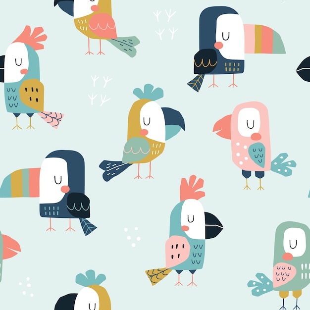 Seamless childish pattern with cute parrots and toucans.