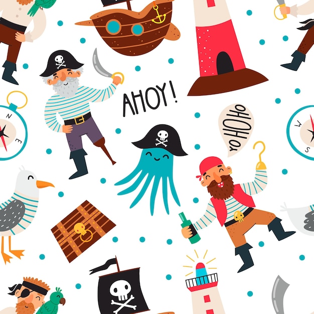 Seamless childish pattern with cute pirates octopus ship and lighthouse Vector illustration