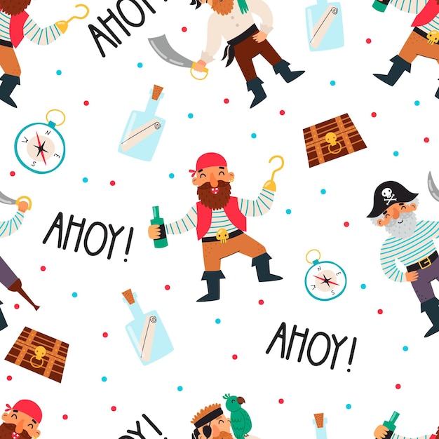 Seamless childish pattern with cute pirates Vector illustration