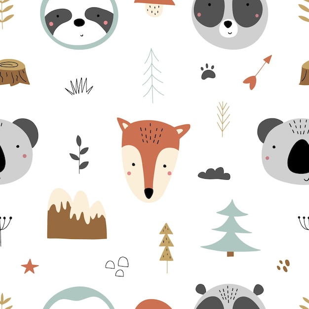 Seamless childish pattern with funny animals faces Creative scandinavian kids texture for fabric wrapping textile wallpaper apparel Vector illustration