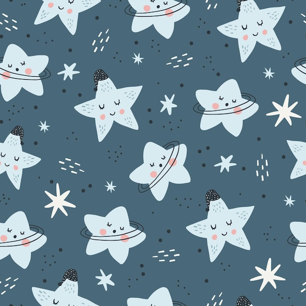 Seamless childish pattern with funny stars characters Trendy space texture for fabric apparel textile wallpaper Cute kids print Vector illustration