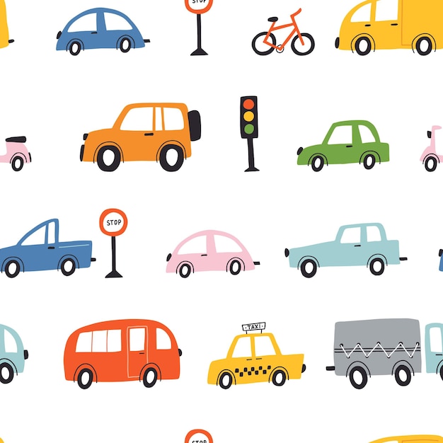 Seamless childish pattern with hand drawn cartoon cars Creative kids texture for fabric wrapping textile wallpaper apparel Vector illustration