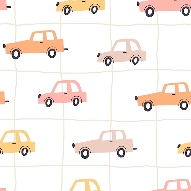 Seamless childish pattern with hand drawn cartoon cars Creative kids texture for fabric wrapping textile wallpaper apparel Vector illustration