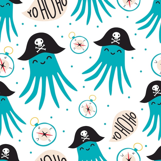 Seamless childish pattern with octopus pirate compass and lettering YOHOHO Vector illustration