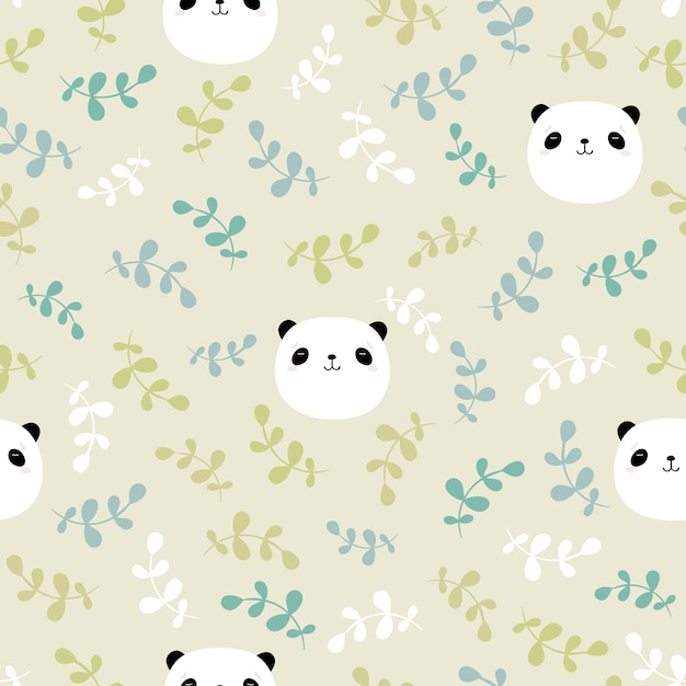 Seamless childish pattern with panda's head and  leaves.