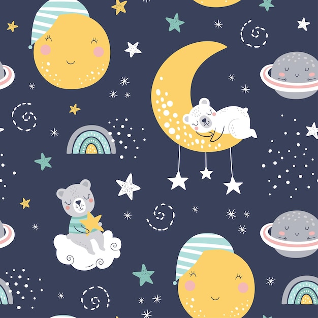 Seamless childish pattern with sleeping bears, clouds, rainbows, moon, planet and stars.