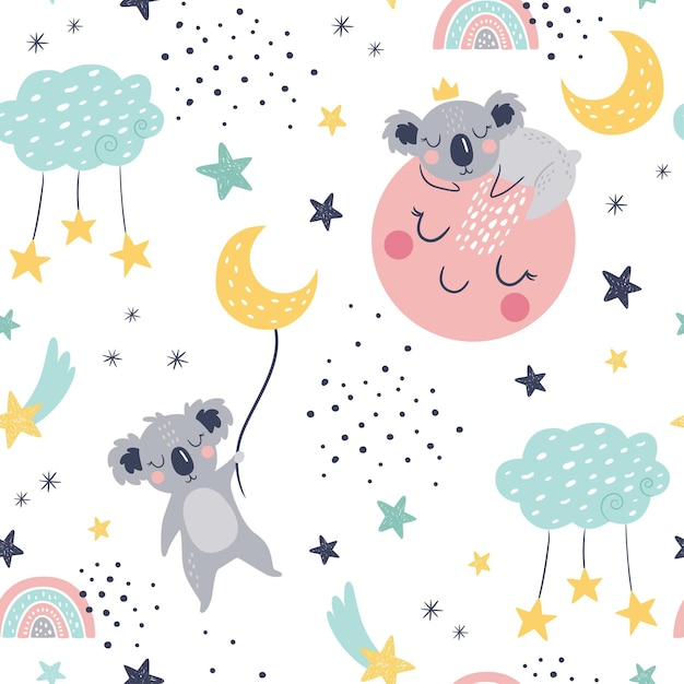 Seamless childish pattern with sleeping koalas, clouds, comets, moon and stars.