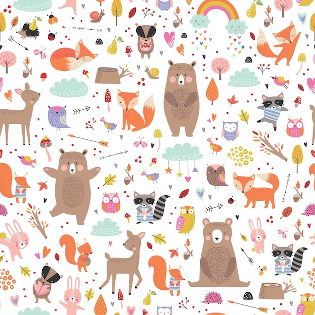 Seamless childish pattern with woodland animals. Cute deer, bear, raccoon, fox, funny characters.  