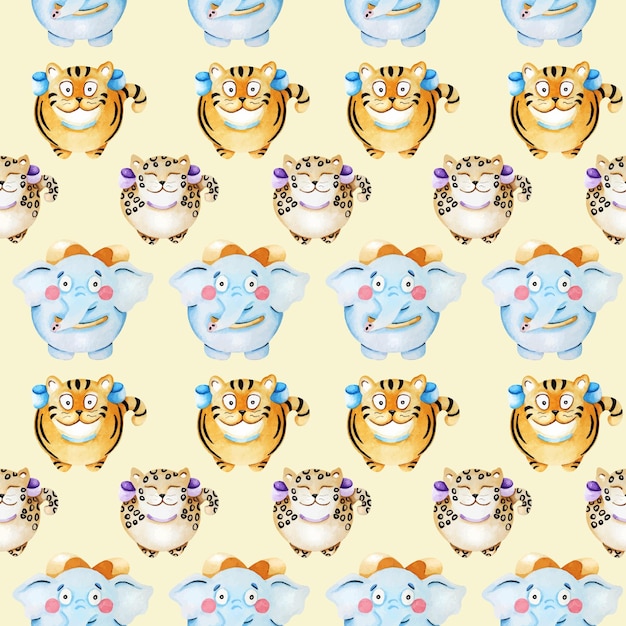 Seamless childish patterns with funny animals faces Creative kids texture for fabric wrapping textile wallpaper apparel Watercolor