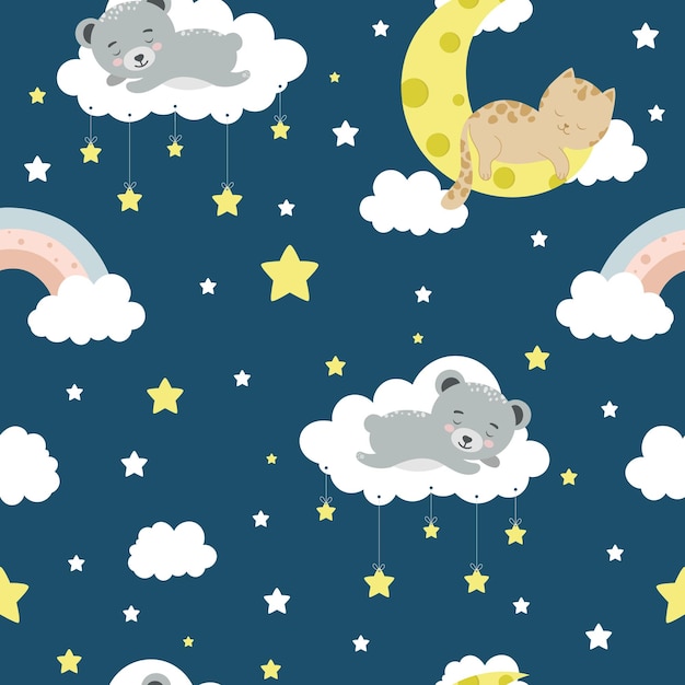 Seamless children pattern with cat bear clouds moon and stars Creative kids texture for fabric wrapping textile wallpaper apparel