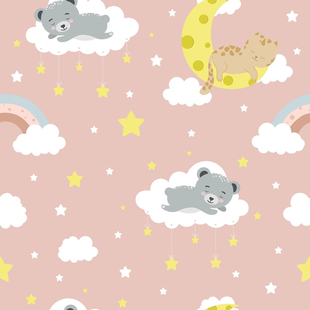 Seamless children pattern with cat bear clouds moon and stars Creative kids texture for fabric wrapping textile wallpaper apparel