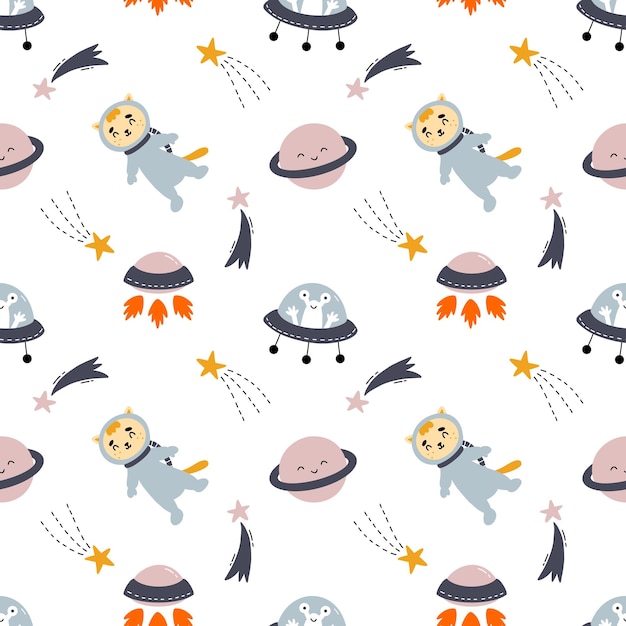 Seamless children pattern with space rocket and planets Cute cat in space suit Printing on fabric and wrapping paper Background for baby textiles