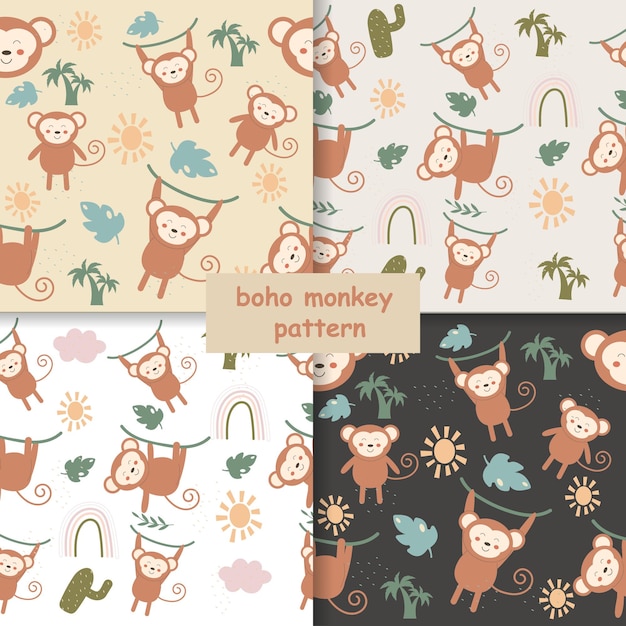 Seamless children's monkey pattern in boho style Vector illustration