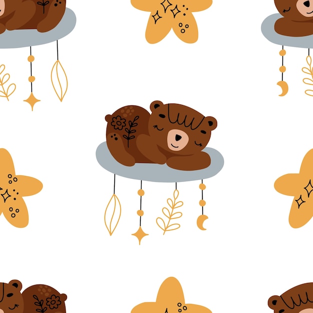 Seamless children's pattern with cute bears on clouds with stars Creative children's texture in scandinavian style for fabric wrapping textile wallpaper clothing Vector illustration