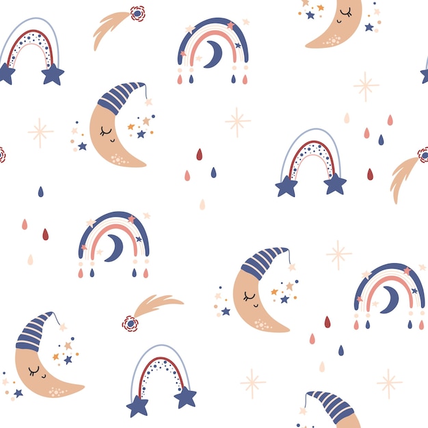 Seamless childrens handdrawn pattern with cute moons clouds and rainbows Creative kids texture fo