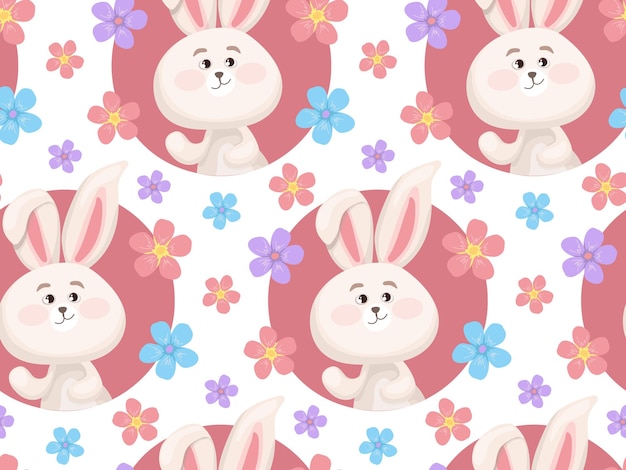 Vector seamless childrens pattern of cute white rabbit with long ears and colored flowers vector endless