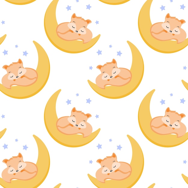 Seamless childrens pattern print foxes on the moon against the sky with stars pastel colors