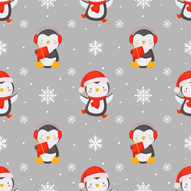 Seamless christmas background with cute penguins and snowflakes.