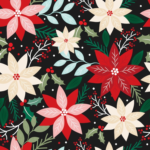 Seamless Christmas floral with poinsettia and leaf on dark